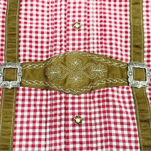 Trachten German Oktoberfest Red Checkered Long Sleeve Button Down Shirt - Picture 2 of 8